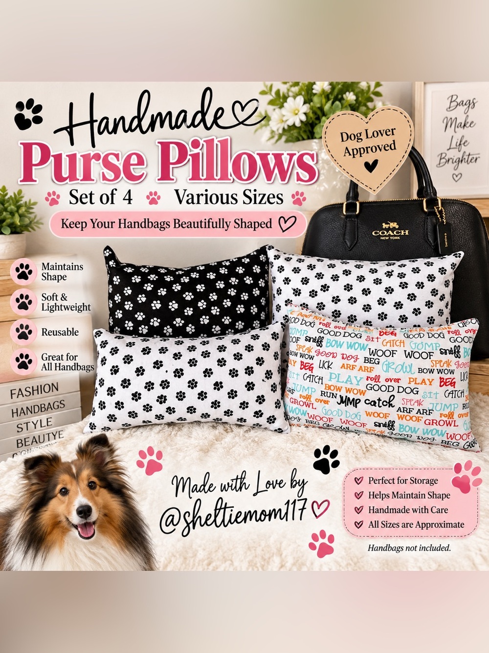 🐾 Handmade Dog Paw Print Purse Pillow Set of 4 – Various Sizes